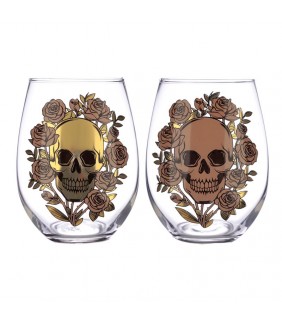 Juego de Dos Vasos de Cristal Calavera y Rosas